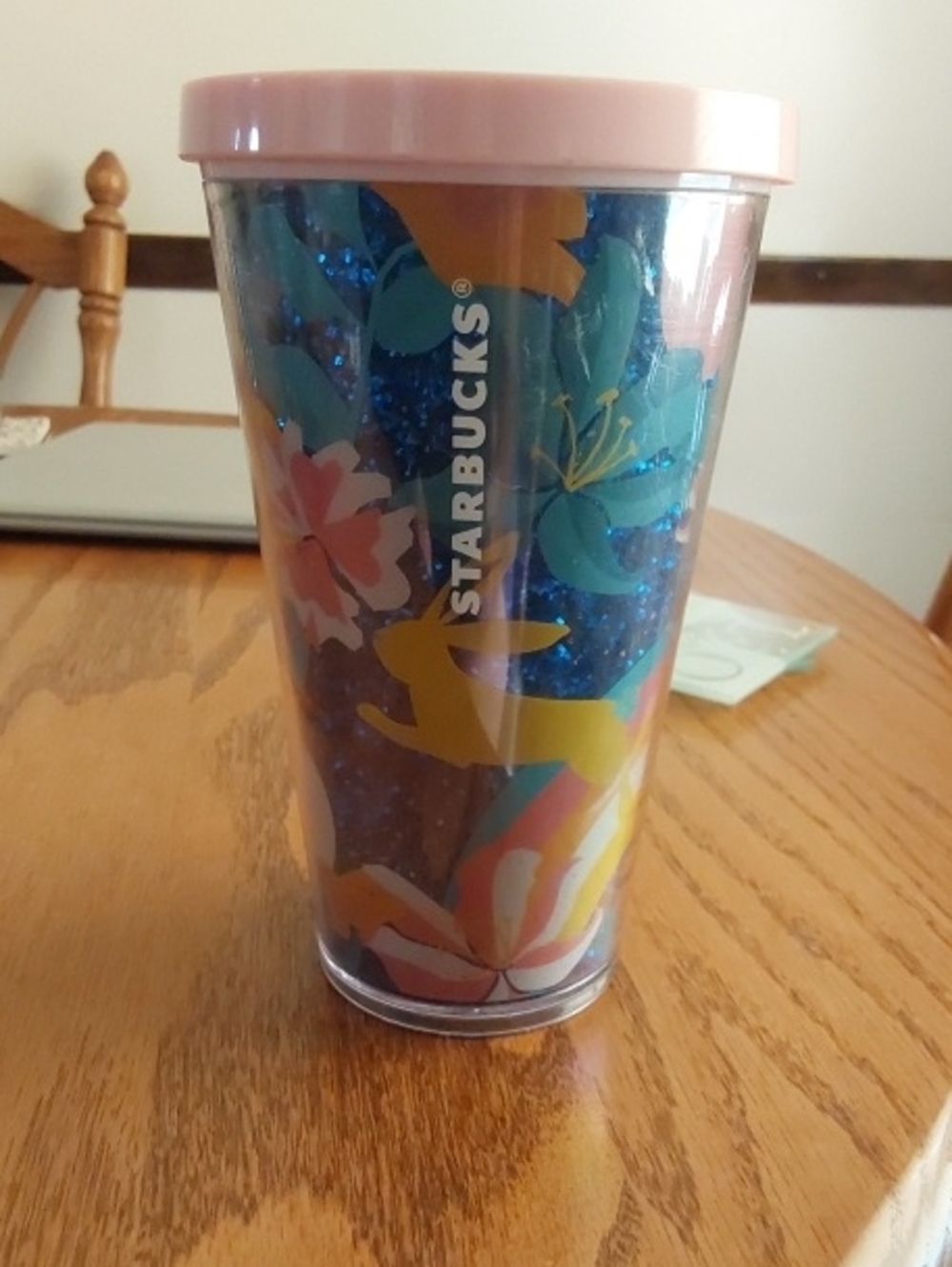 Starbucks Pink Lid Floral Glitter Tumbler with Blue Sparkle
